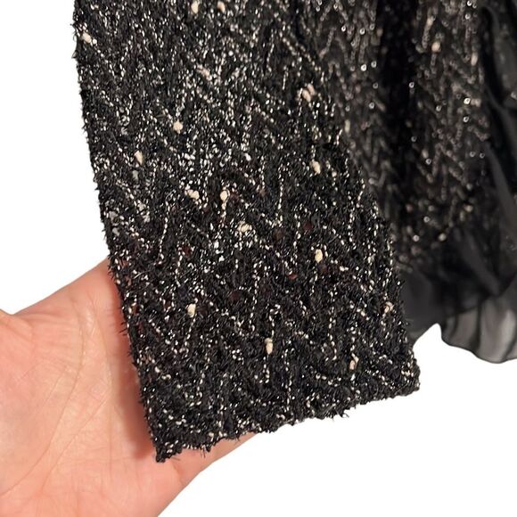 Jacket Woman’s Small Black Silver Sparkle Dress Open Coat Ruffle Trim SML Design - Picture 3 of 6